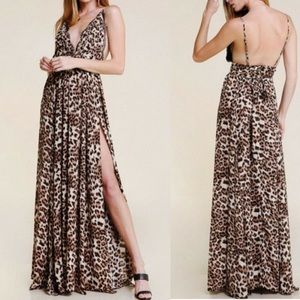 Olivaceous Leopard Print Leg Slit Maxi Dress size L